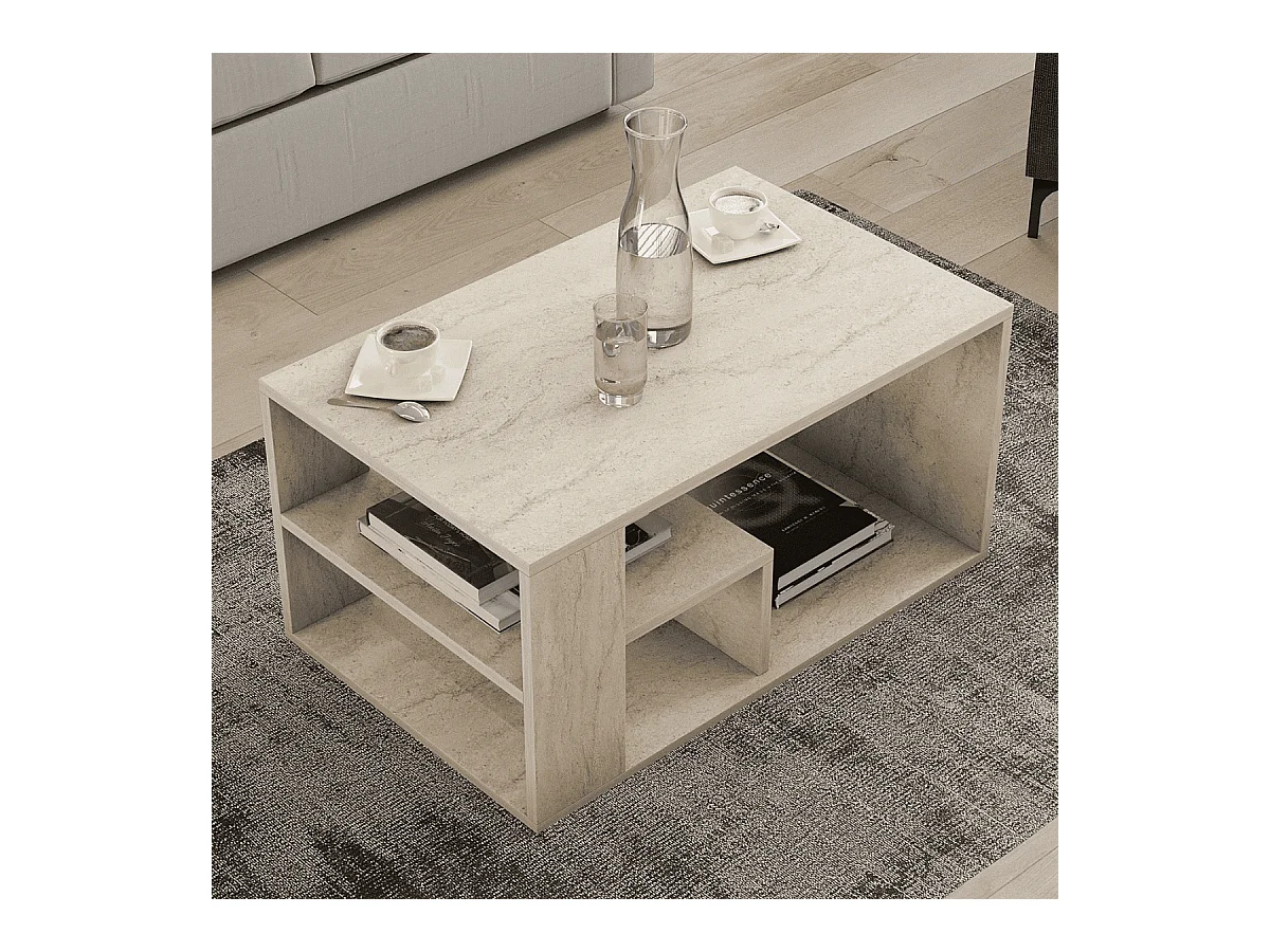 Table basse avec étagères décor travertin L80 cm - EROS
