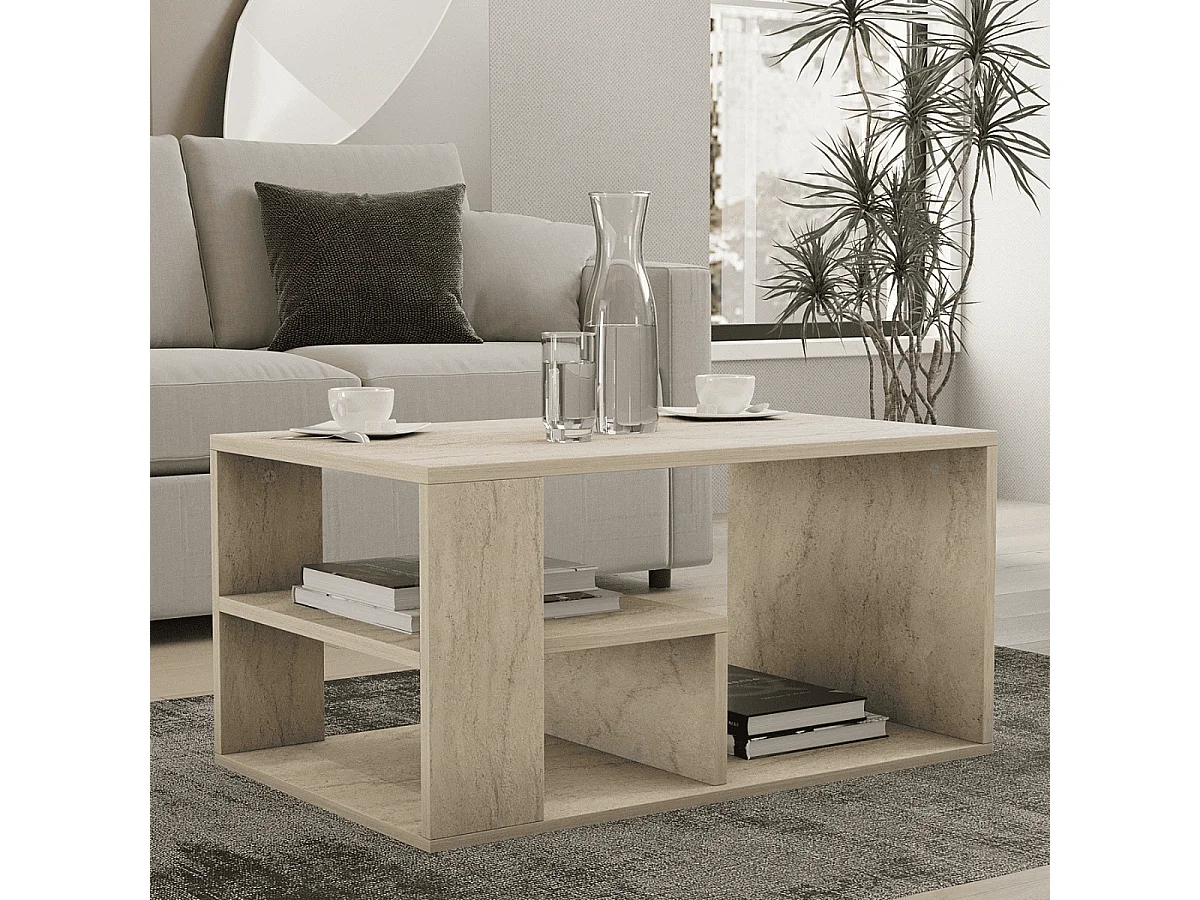 Table basse avec étagères décor travertin L80 cm - EROS