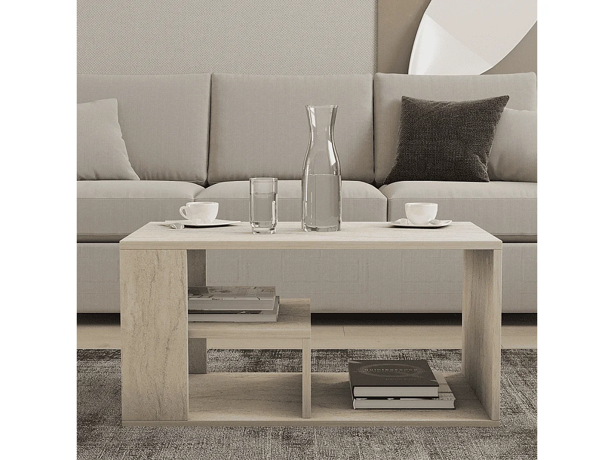 Table basse avec étagères décor travertin L80 cm - EROS