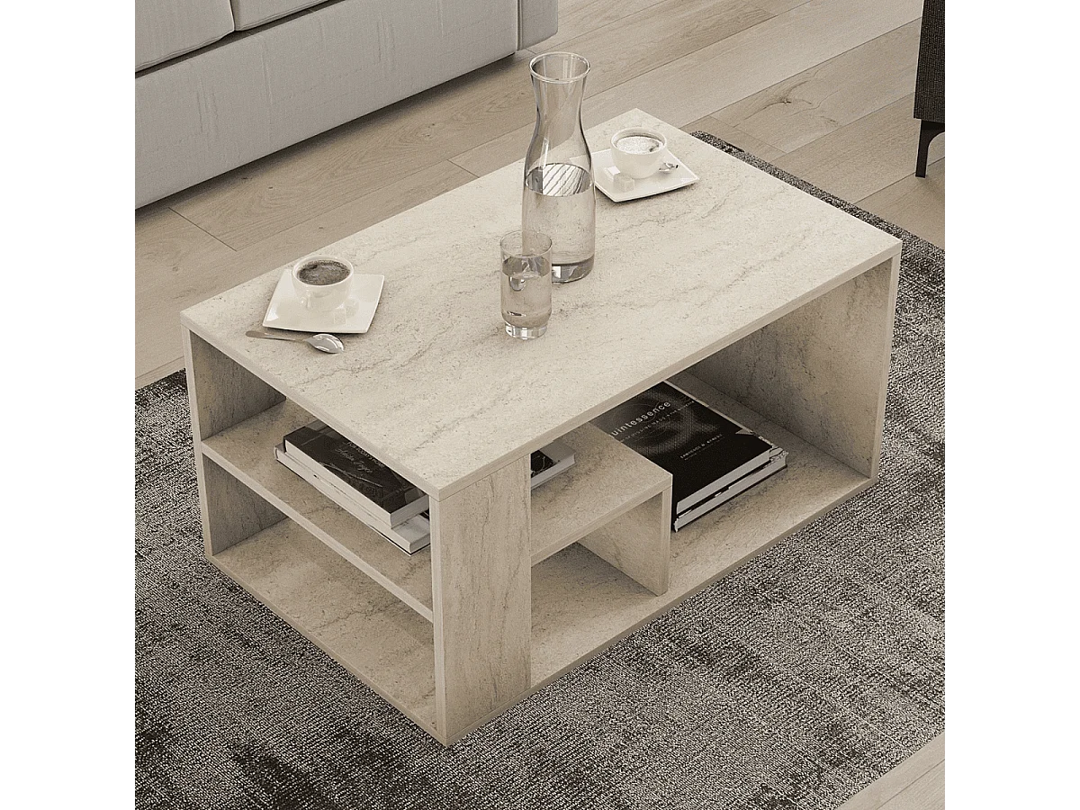 Couchtisch mit Regalböden, Travertin-Dekor L80 cm - EROS