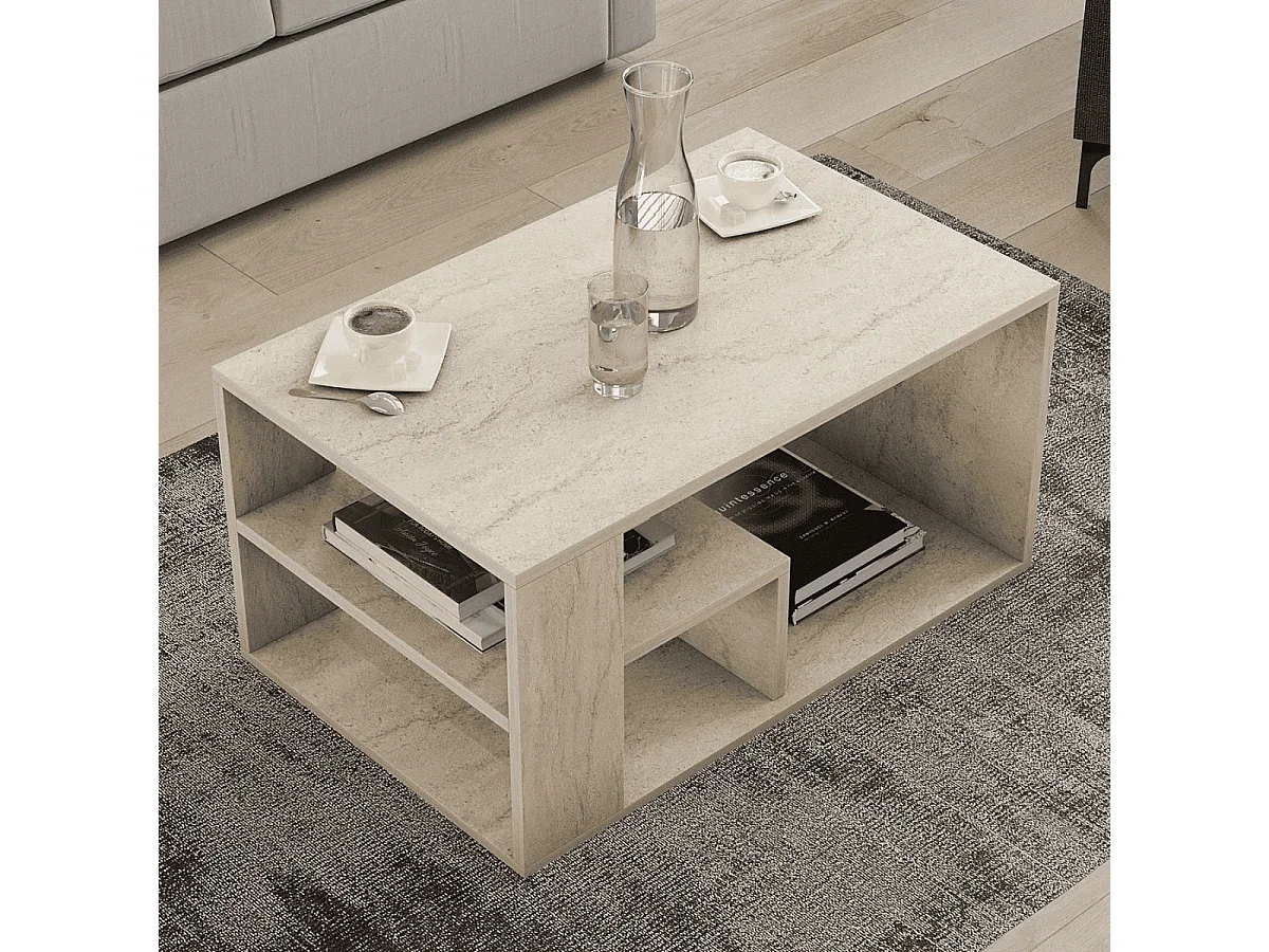 Table basse avec étagères décor travertin L80 cm - EROS