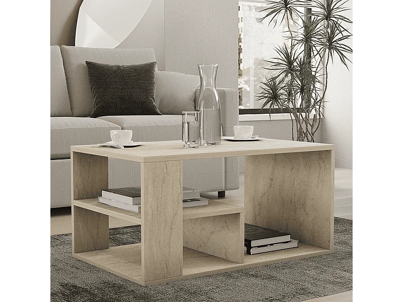 Table basse avec étagères décor travertin L80 cm - EROS