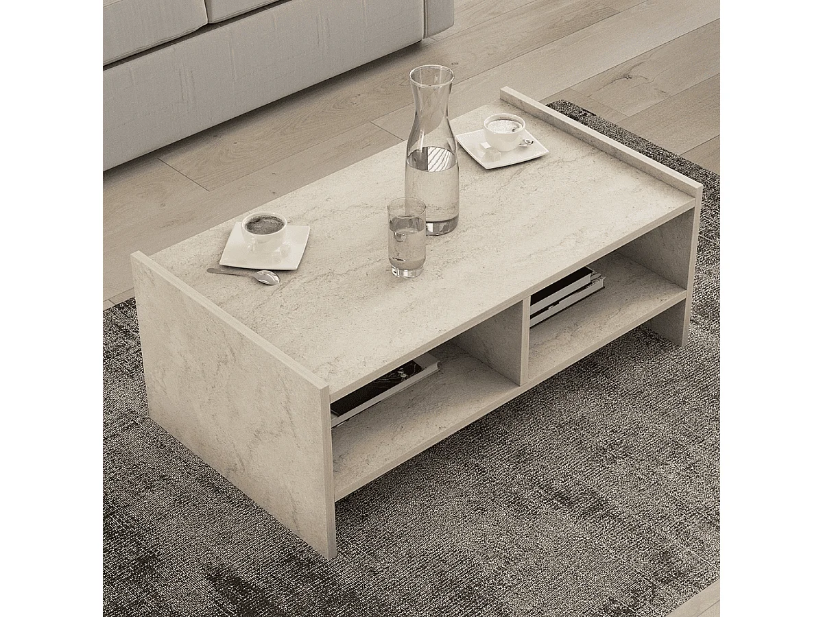 Table basse 2 niches ouvertes décor travertin L90 cm - PERA