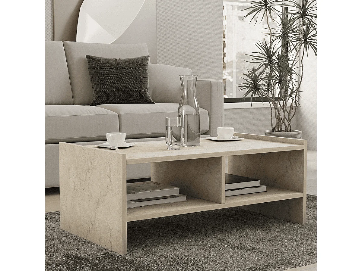 Table basse 2 niches ouvertes décor travertin L90 cm - PERA