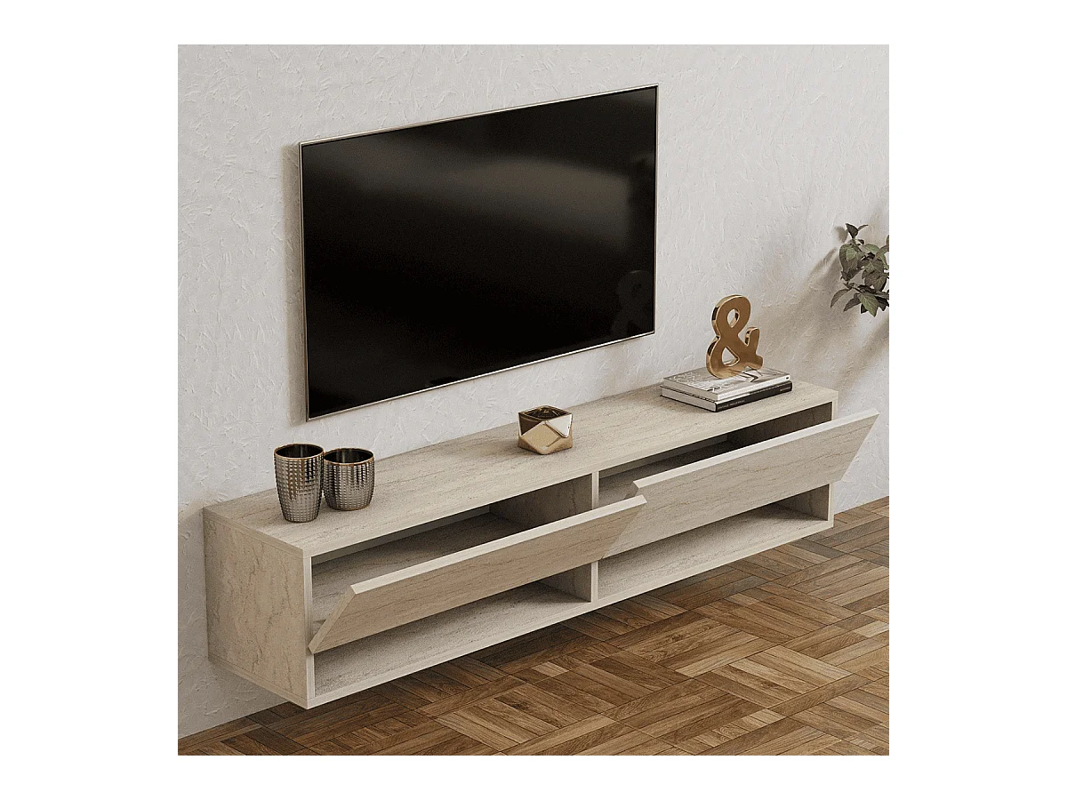 Meuble TV suspendu 2 portes abattantes décor travertin L141 cm - ARGES