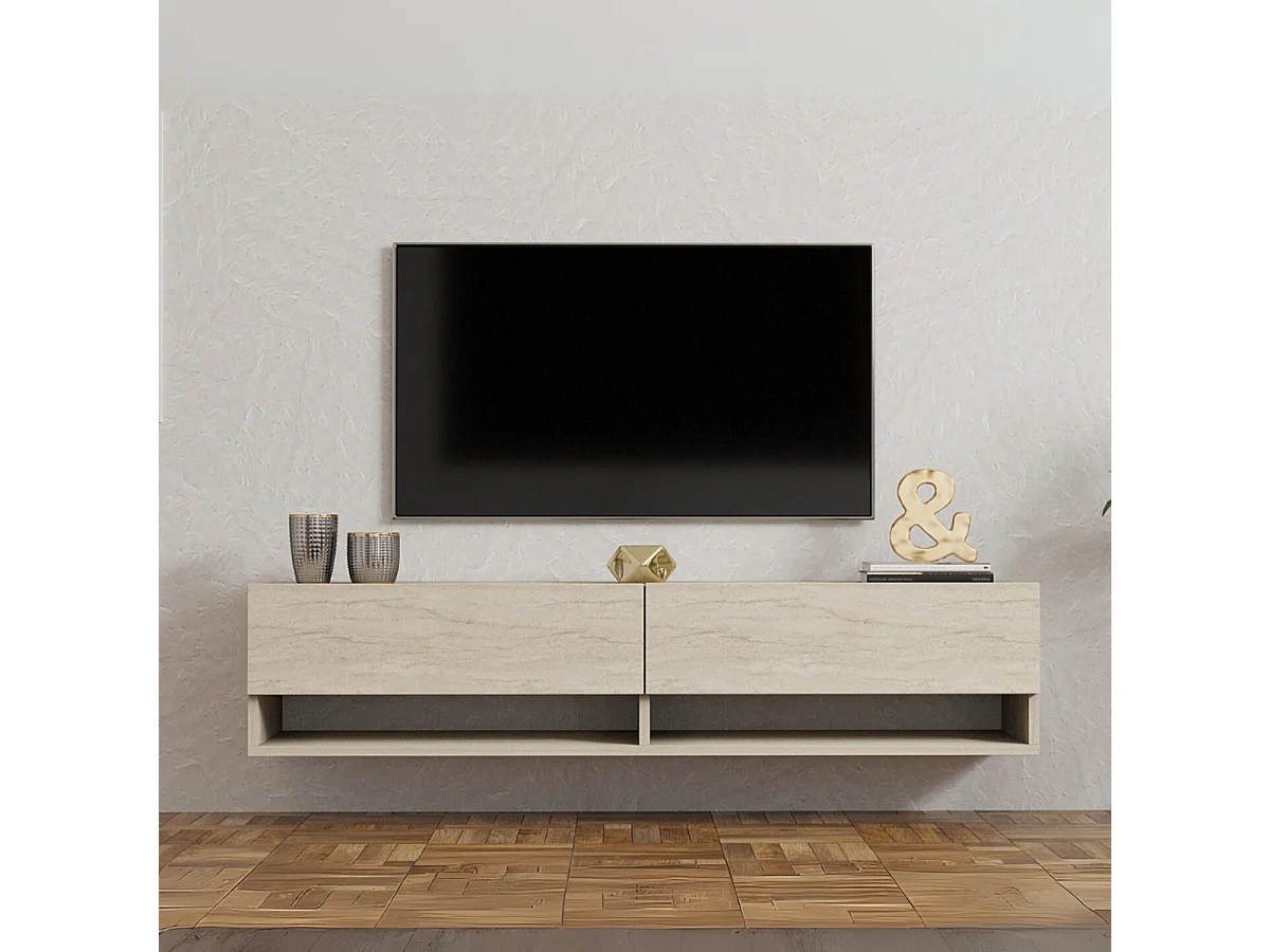 Móvel de TV elegante – 141 x 31 x 30 cm – cor travertino – painel de partículas revestido a melamina