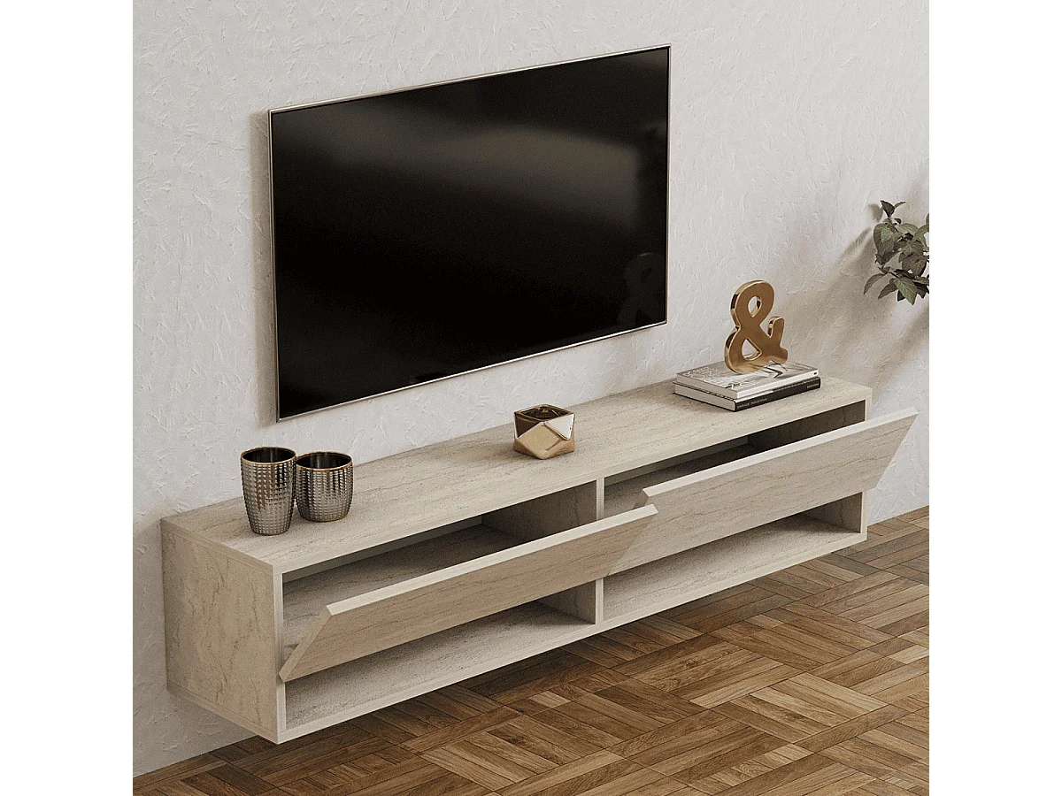 Móvel de TV elegante – 141 x 31 x 30 cm – cor travertino – painel de partículas revestido a melamina