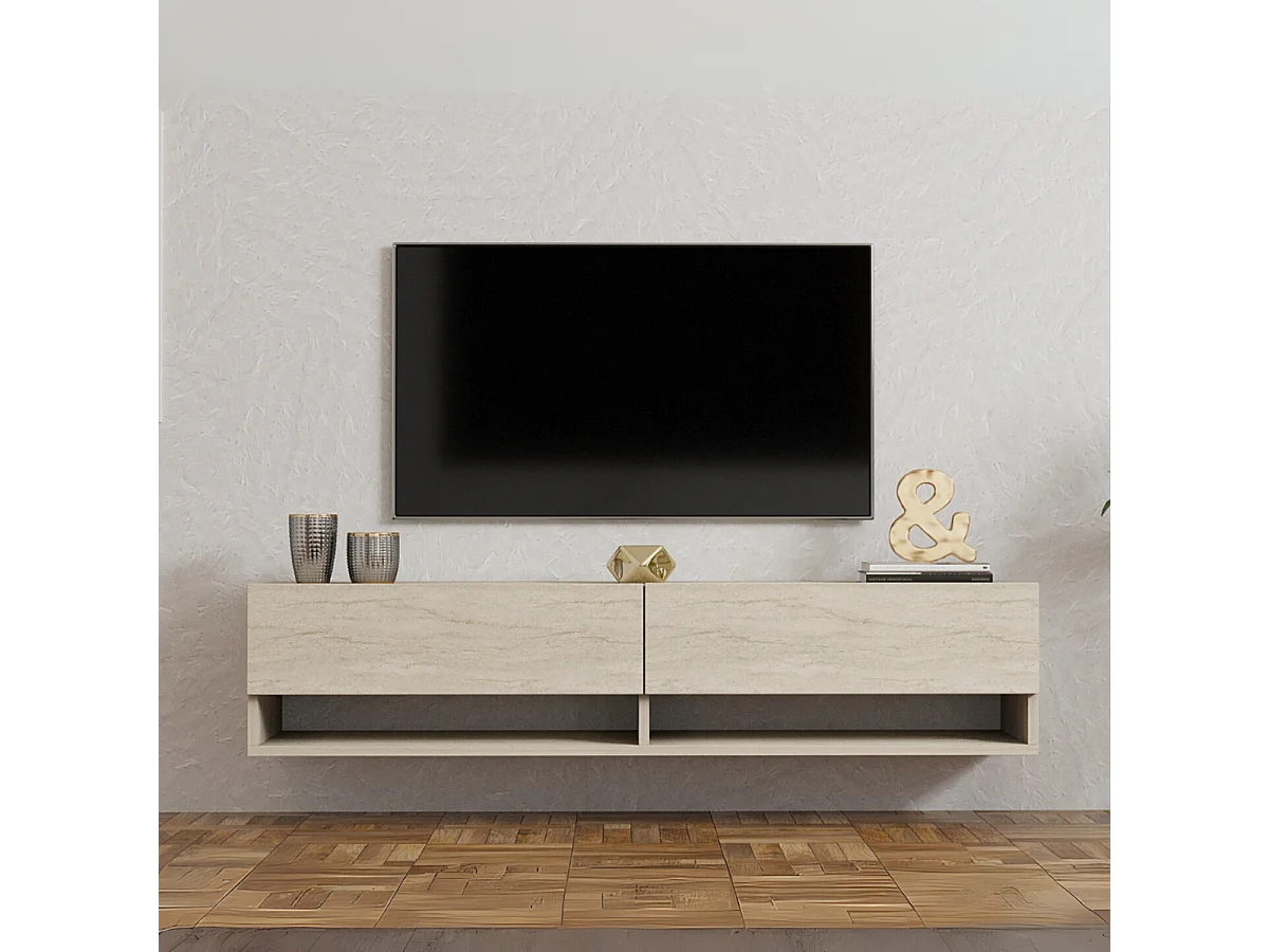 Meuble TV suspendu 2 portes abattantes décor travertin L141 cm - ARGES
