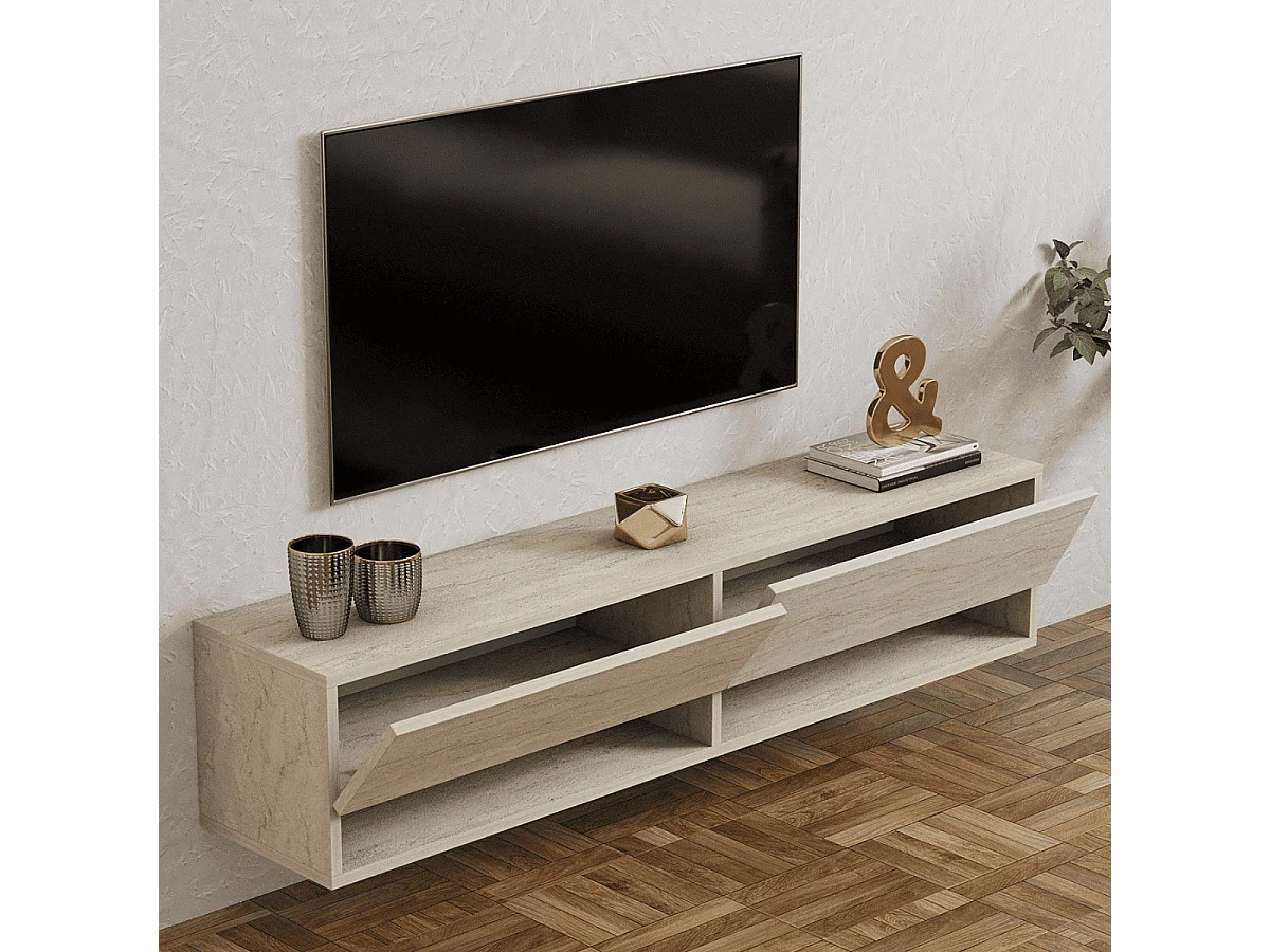 Meuble TV suspendu 2 portes abattantes décor travertin L141 cm - ARGES