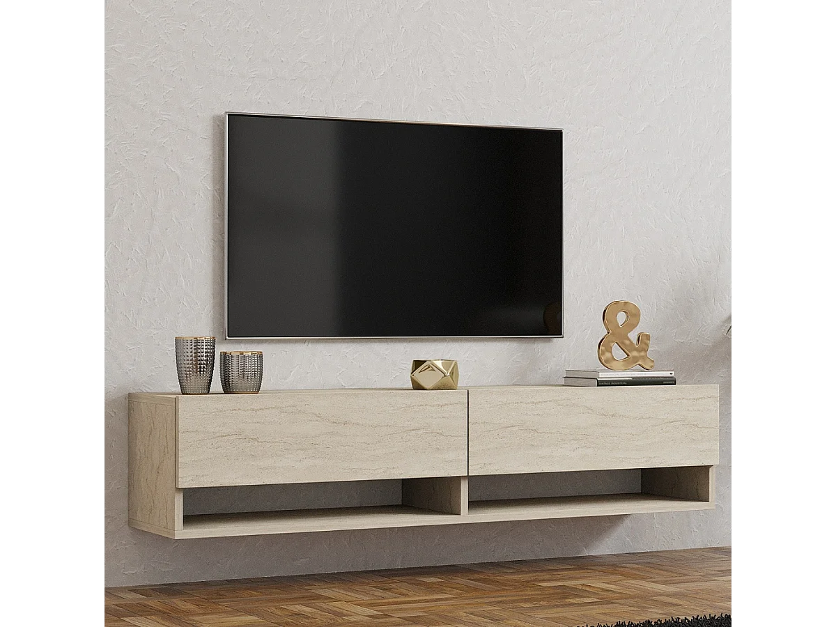 Meuble TV suspendu 2 portes abattantes décor travertin L141 cm - ARGES