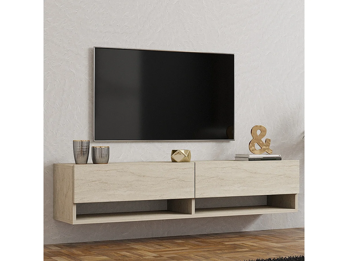Meuble TV suspendu 2 portes abattantes décor travertin L141 cm - ARGES