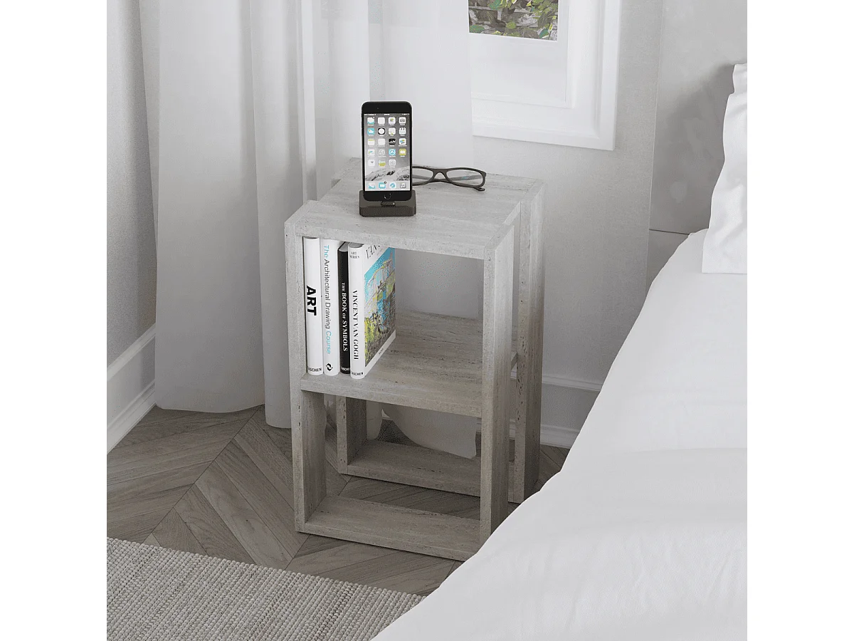 Nachttisch mit 2 Regalböden, Travertin-Dekor H55 cm - LONIE