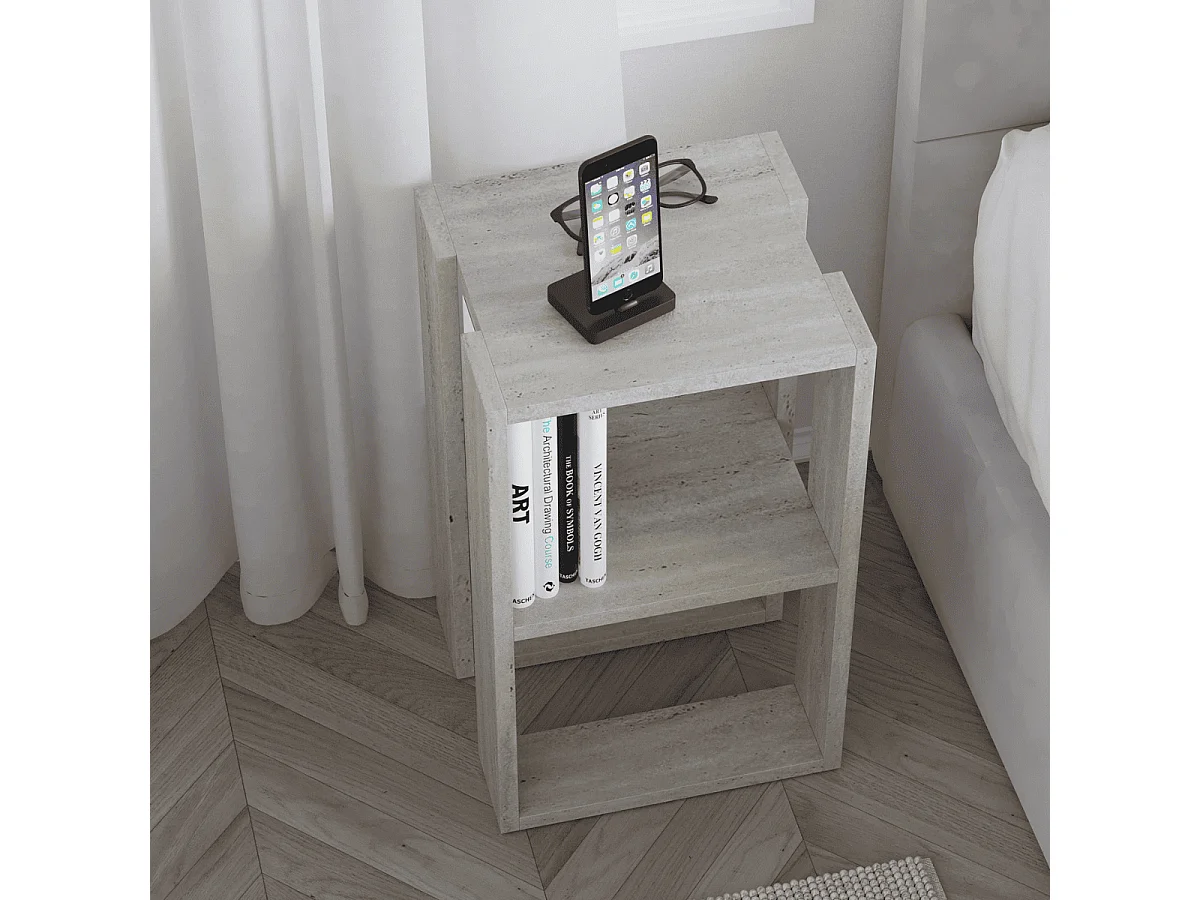 Nachttisch mit 2 Regalböden, Travertin-Dekor H55 cm - LONIE