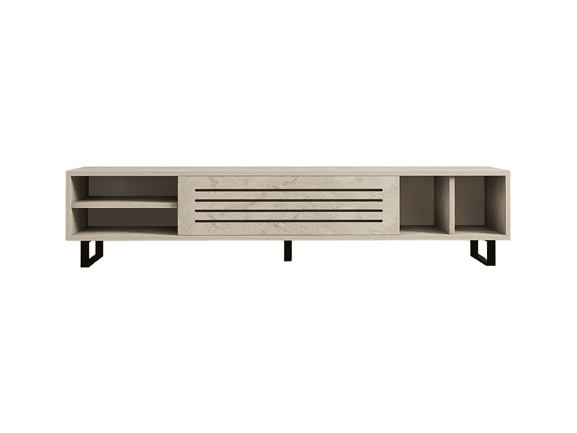 Meuble TV 1 porte abattante et 4 niches décor travertin L160 cm - SAFIR