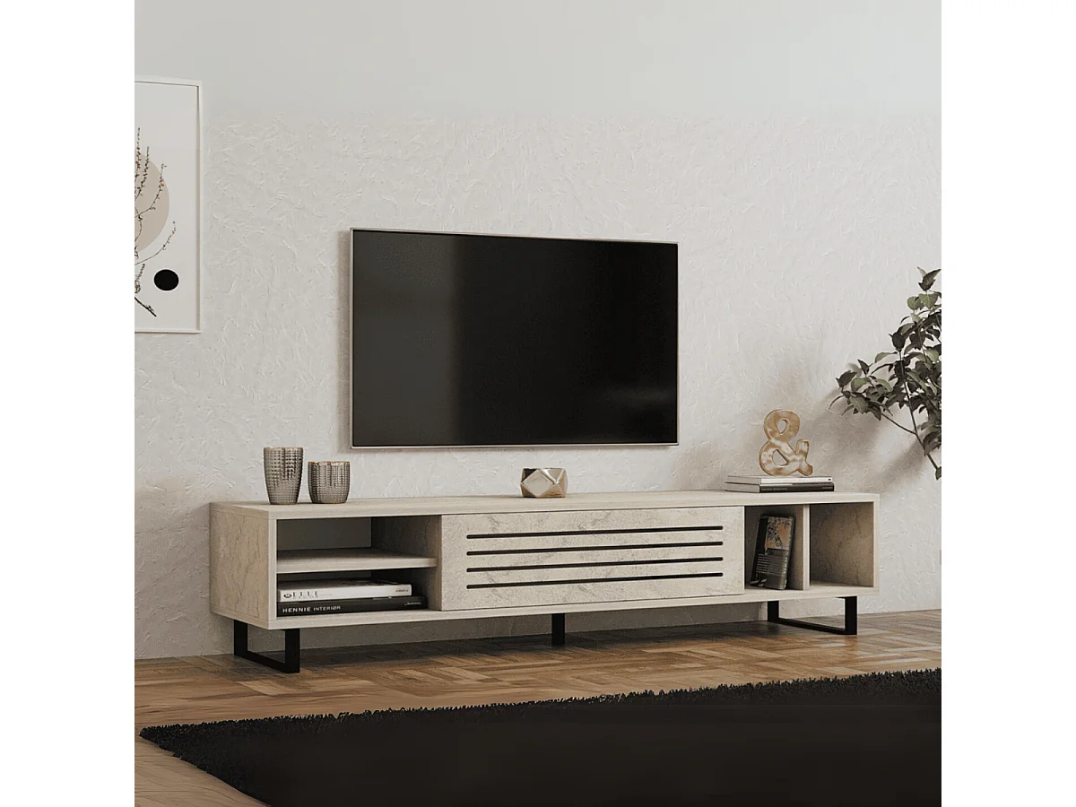 Meuble TV 1 porte abattante et 4 niches décor travertin L160 cm - SAFIR