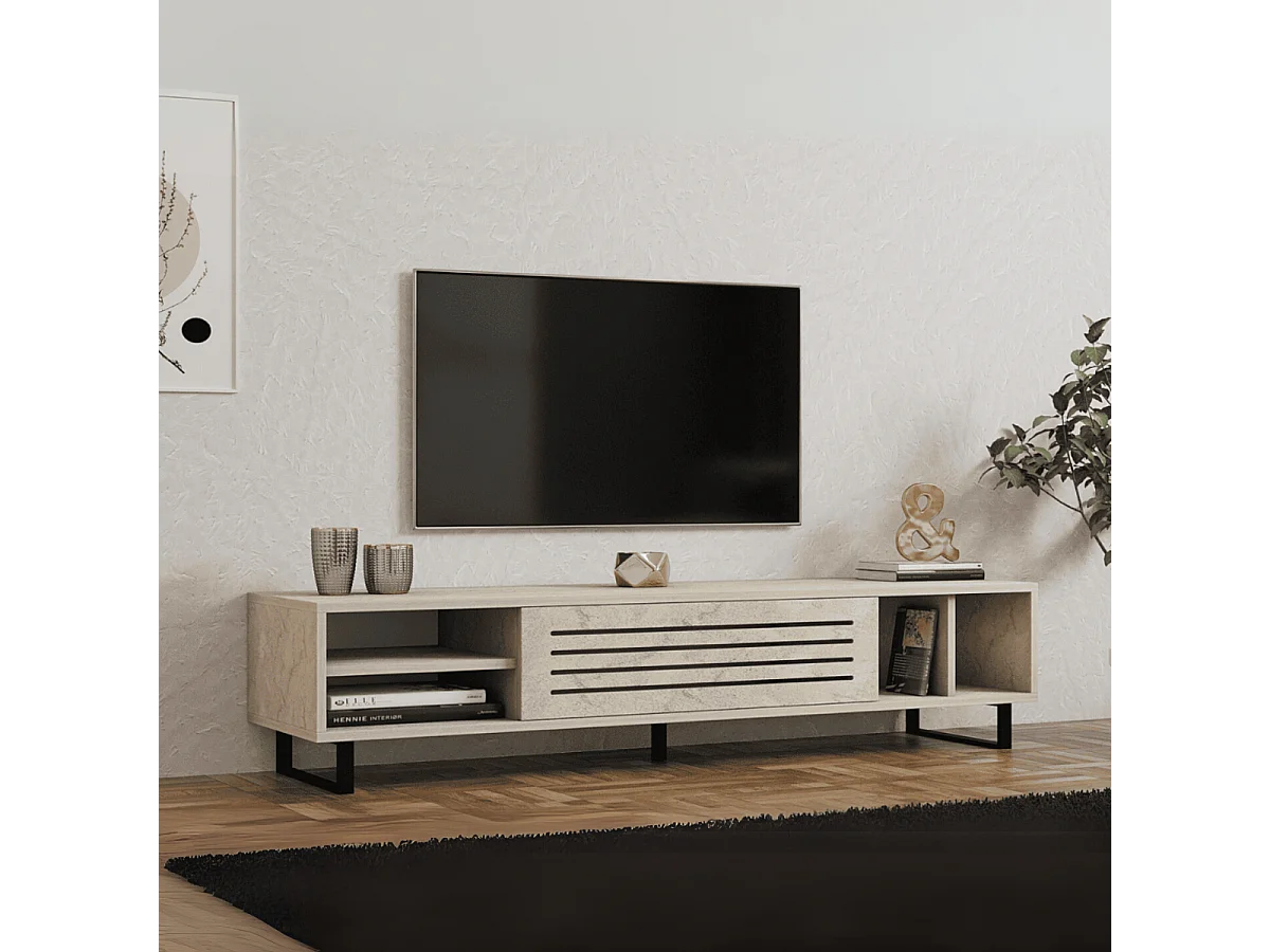 Tv-meubel met 1 klepdeur en 4 nissen, travertin decor L160 cm - SAFIR