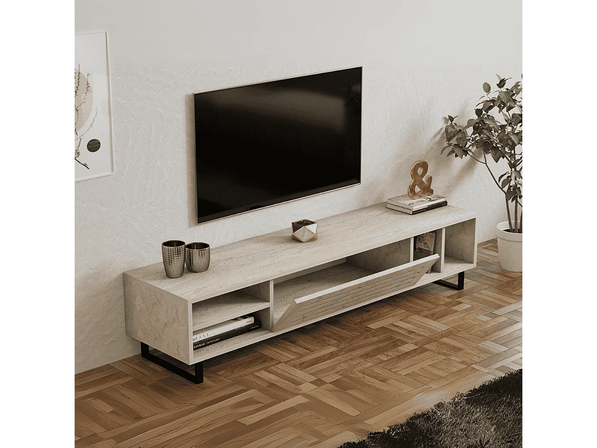 Tv-meubel met 1 klepdeur en 4 nissen, travertin decor L160 cm - SAFIR