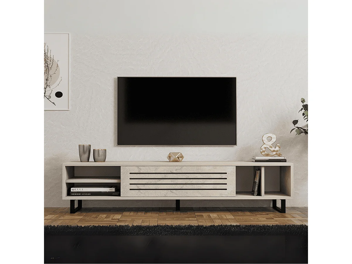 TV-bänk – 160 cm x 35 cm x 40 cm – travertinfärg – melaminbelagd spånskiva