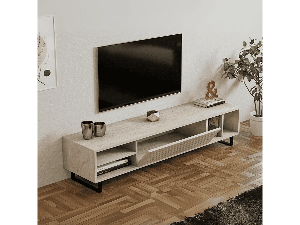 TV-bänk – 160 cm x 35 cm x 40 cm – travertinfärg – melaminbelagd spånskiva