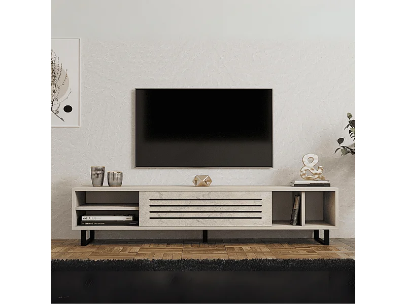 Meuble TV 1 porte abattante et 4 niches décor travertin L160 cm - SAFIR