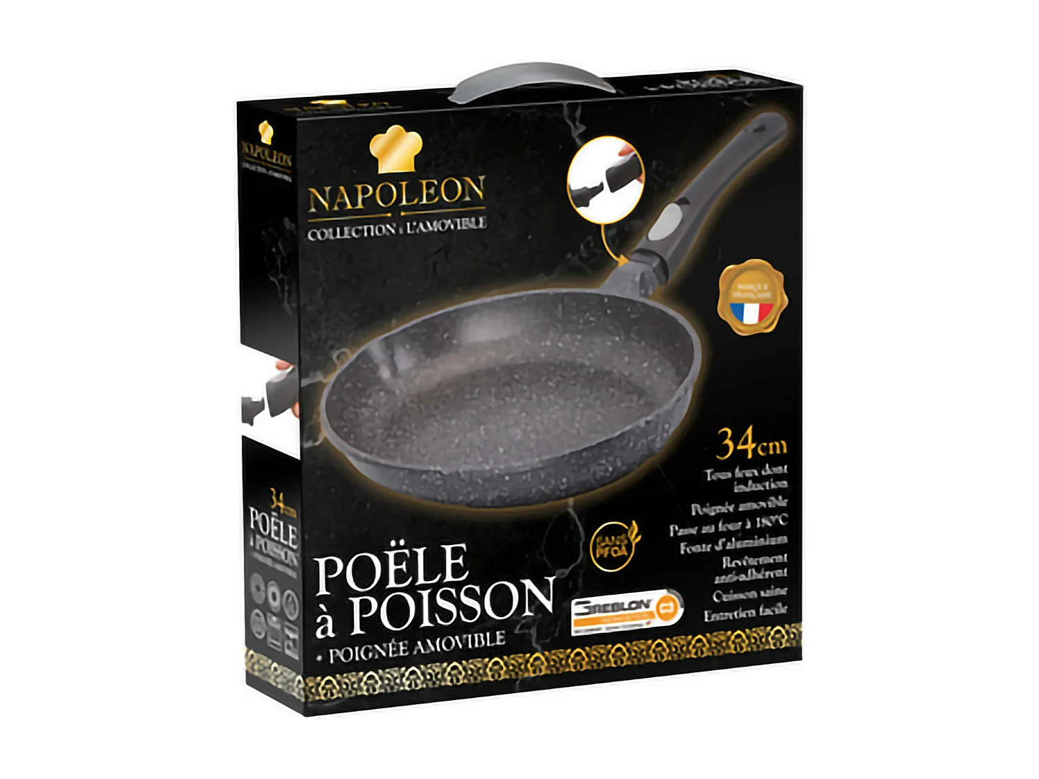 Aluminium-Gusseisen-Fischpfanne mit abnehmbarem Griff, 34 cm