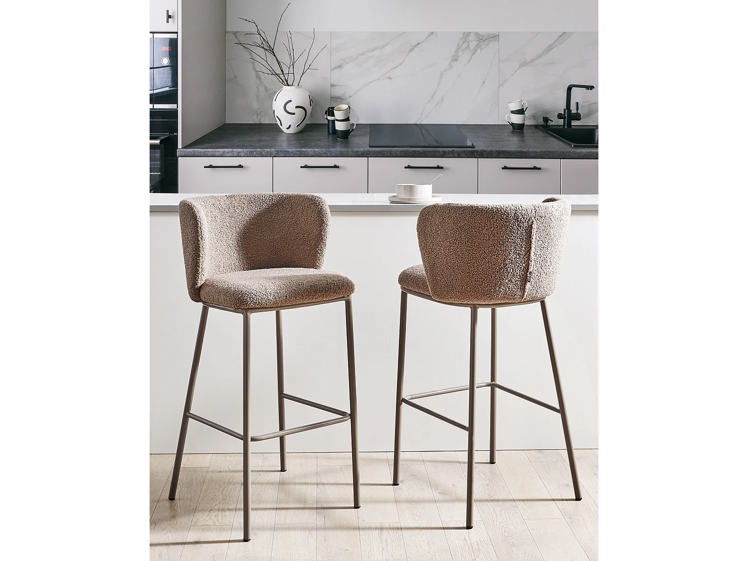 Lot de 2 chaises de bar MINA II Bouclé Marron