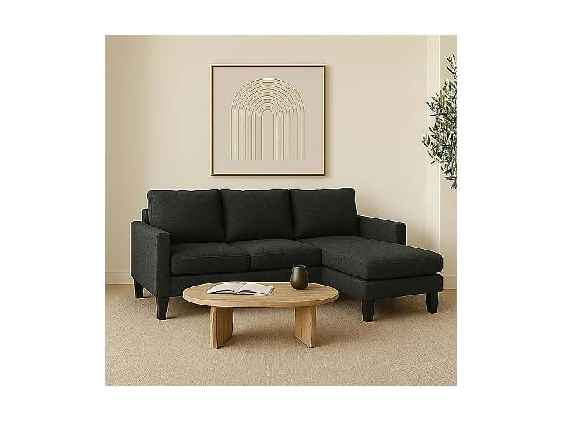 Canapé d'angle droit en tissu 3 places noir