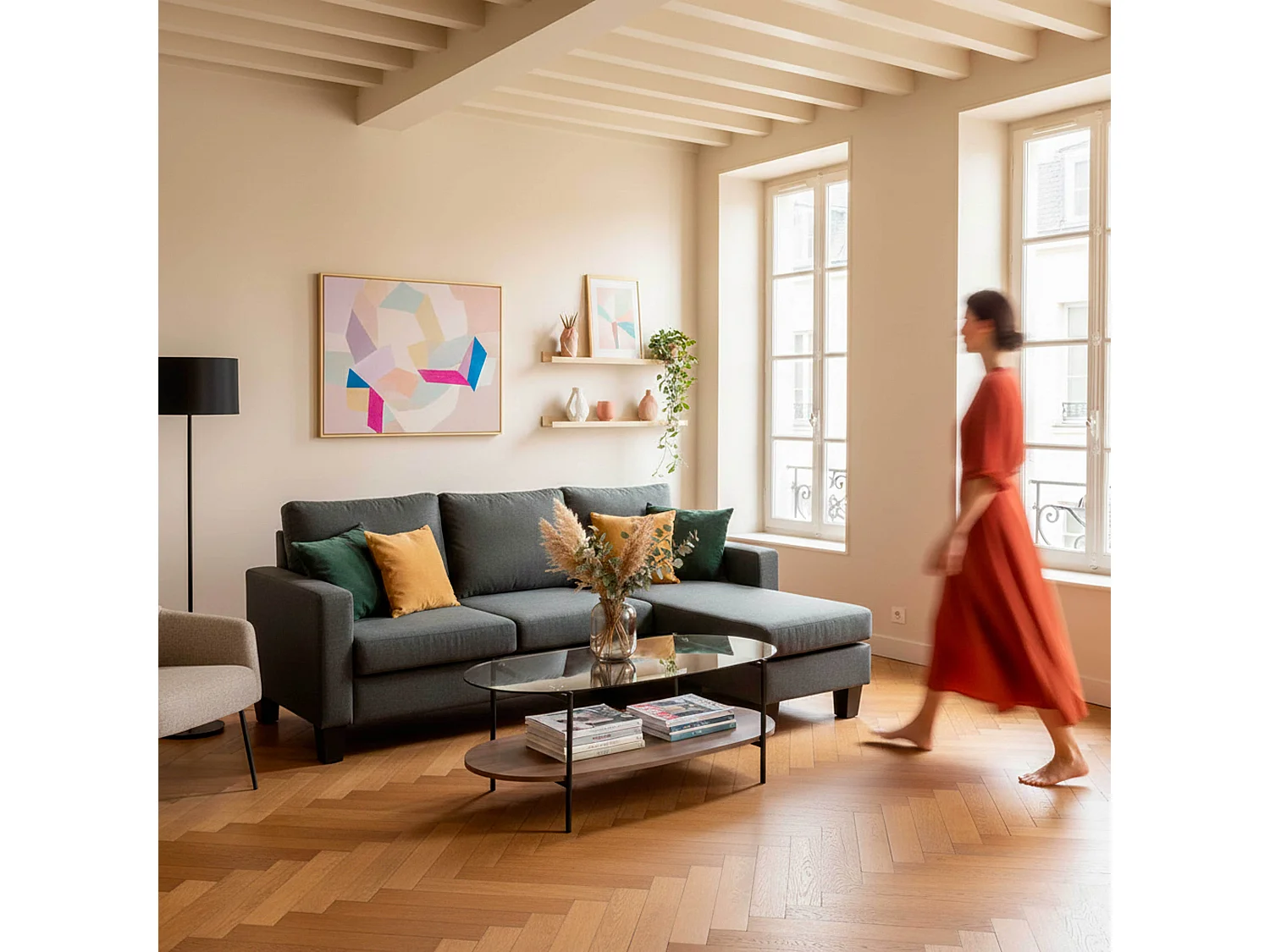 Canapé d'angle droit en tissu 3 places noir L 192 cm