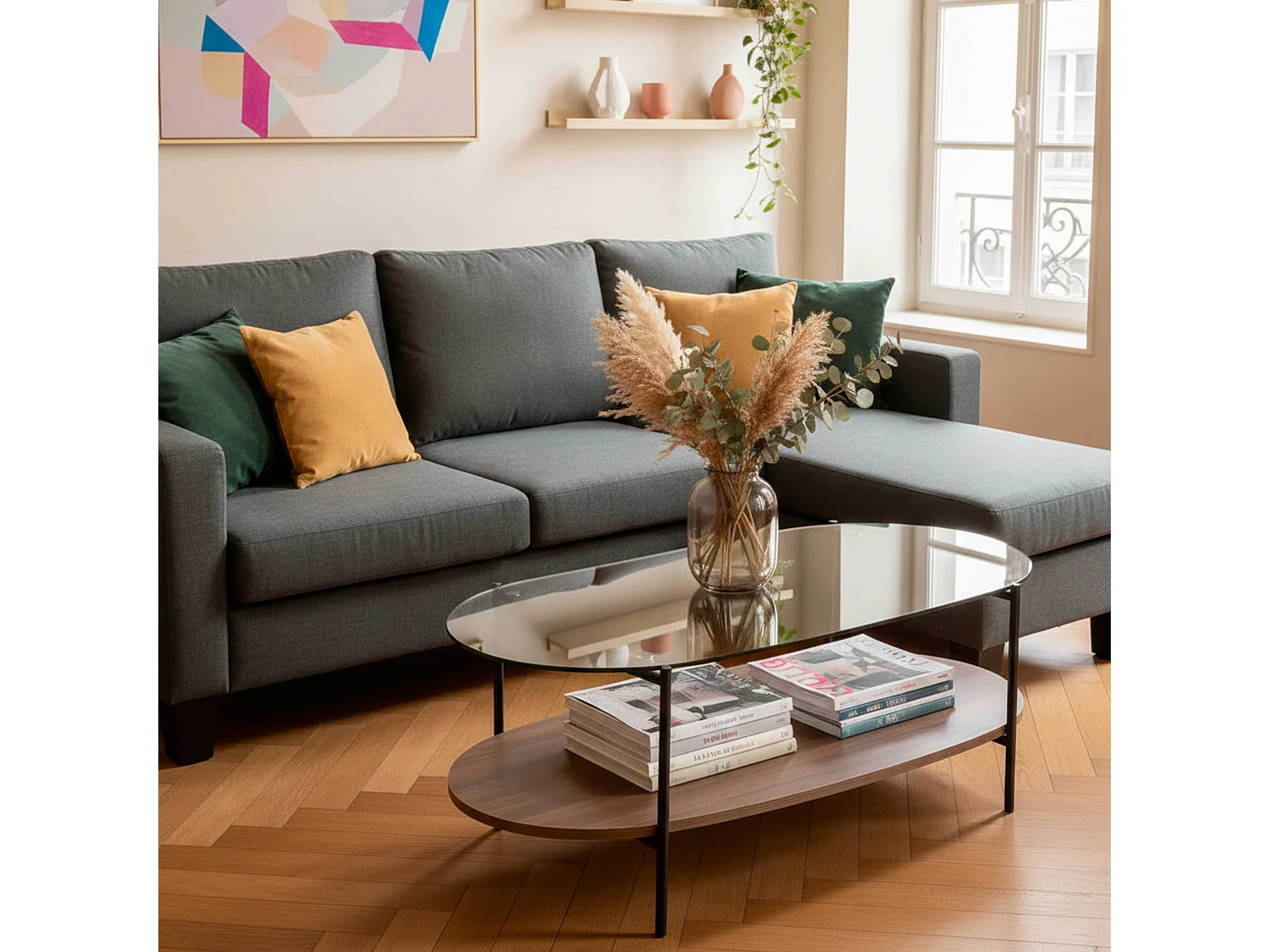 Canapé d'angle droit en tissu 3 places noir L 192 cm