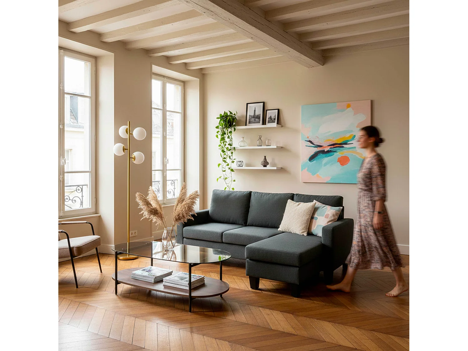 Canapé d'angle droit en tissu 3 places noir L 192 cm