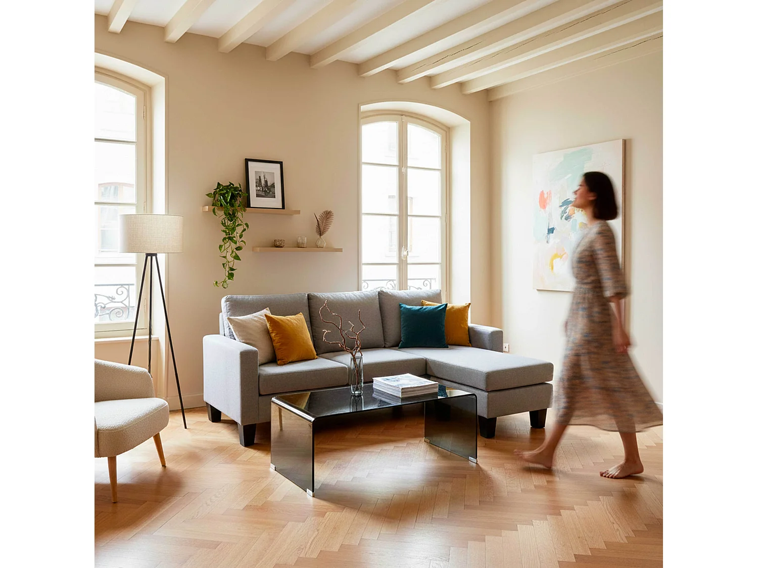 Canapé d'angle droit en tissu 3 places gris L 192 cm