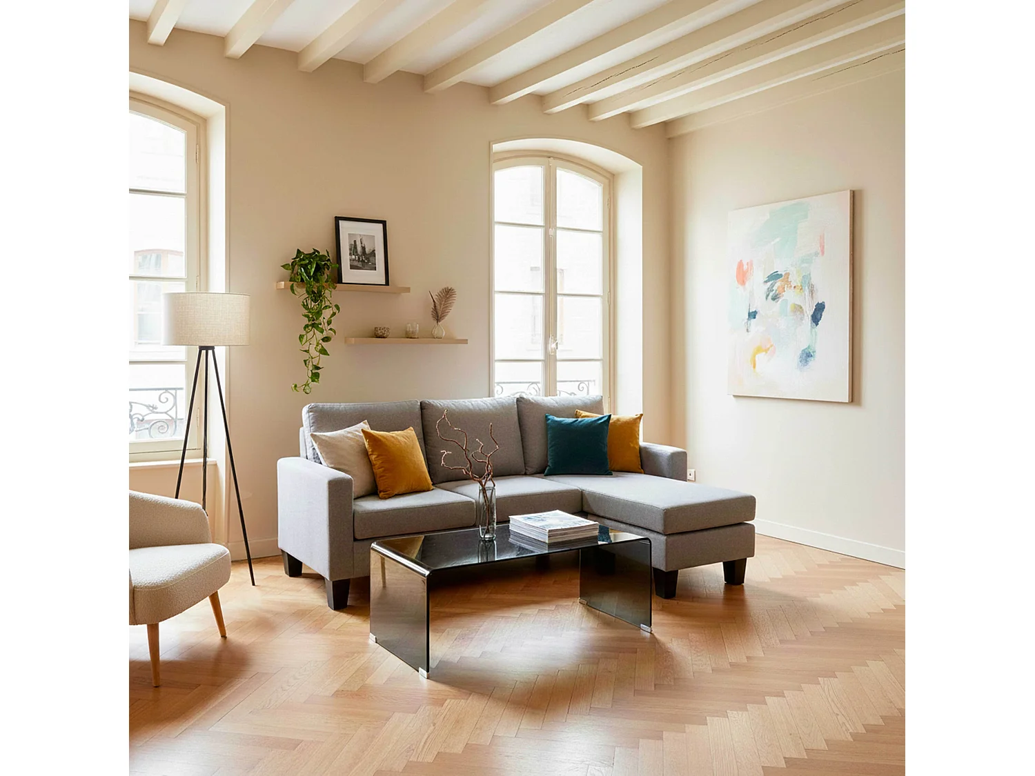 Canapé d'angle droit en tissu 3 places gris L 192 cm