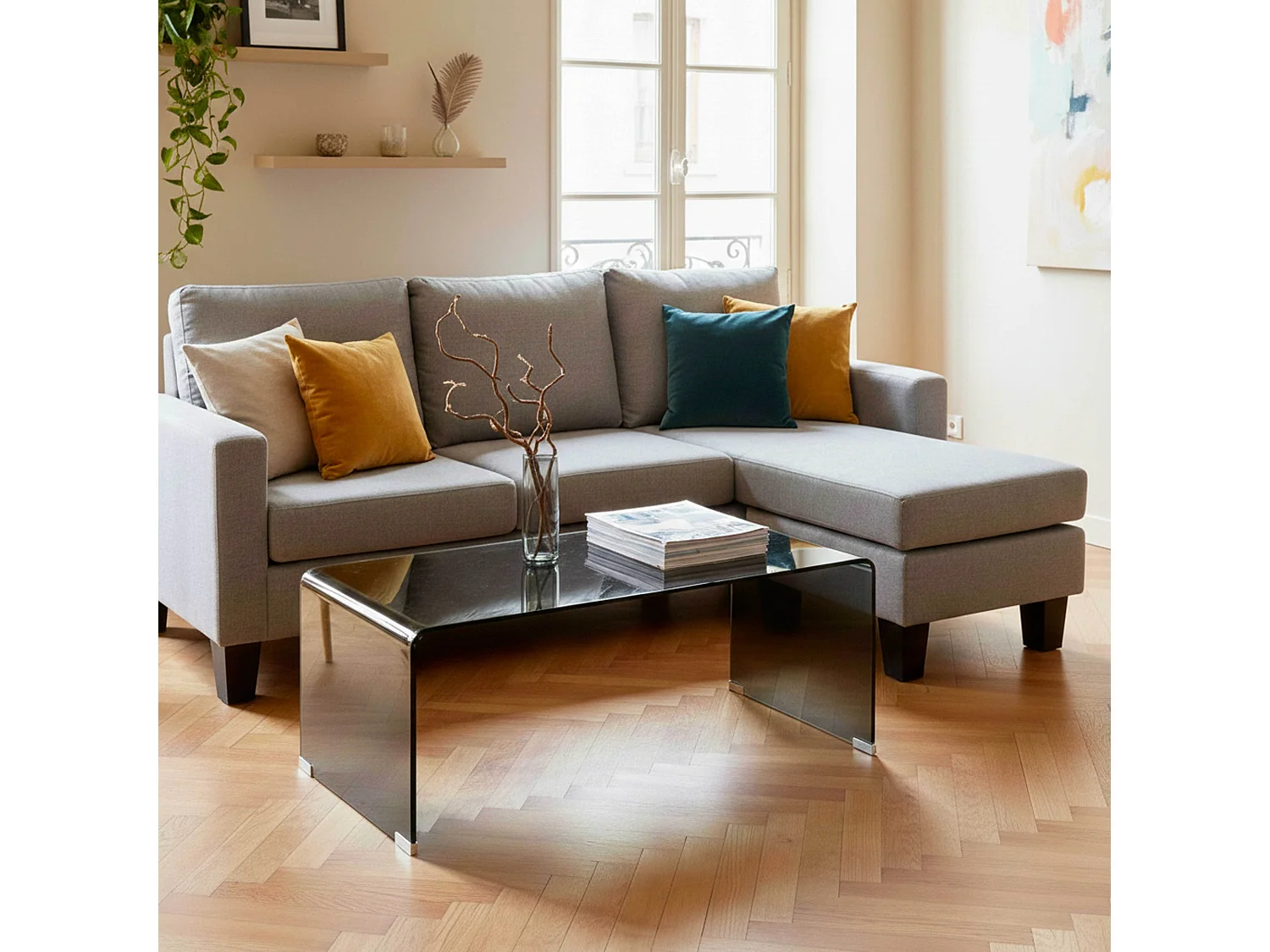 Canapé d'angle droit en tissu 3 places gris L 192 cm