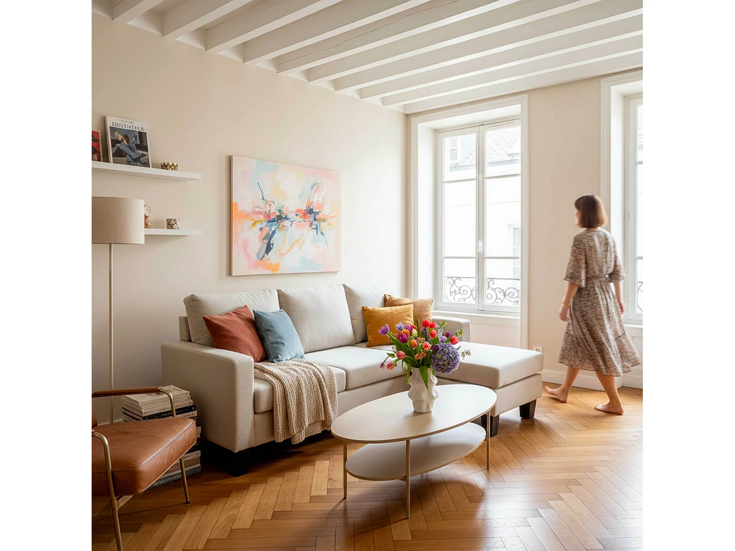 Canapé d'angle droit en tissu 3 places écru L 192 cm