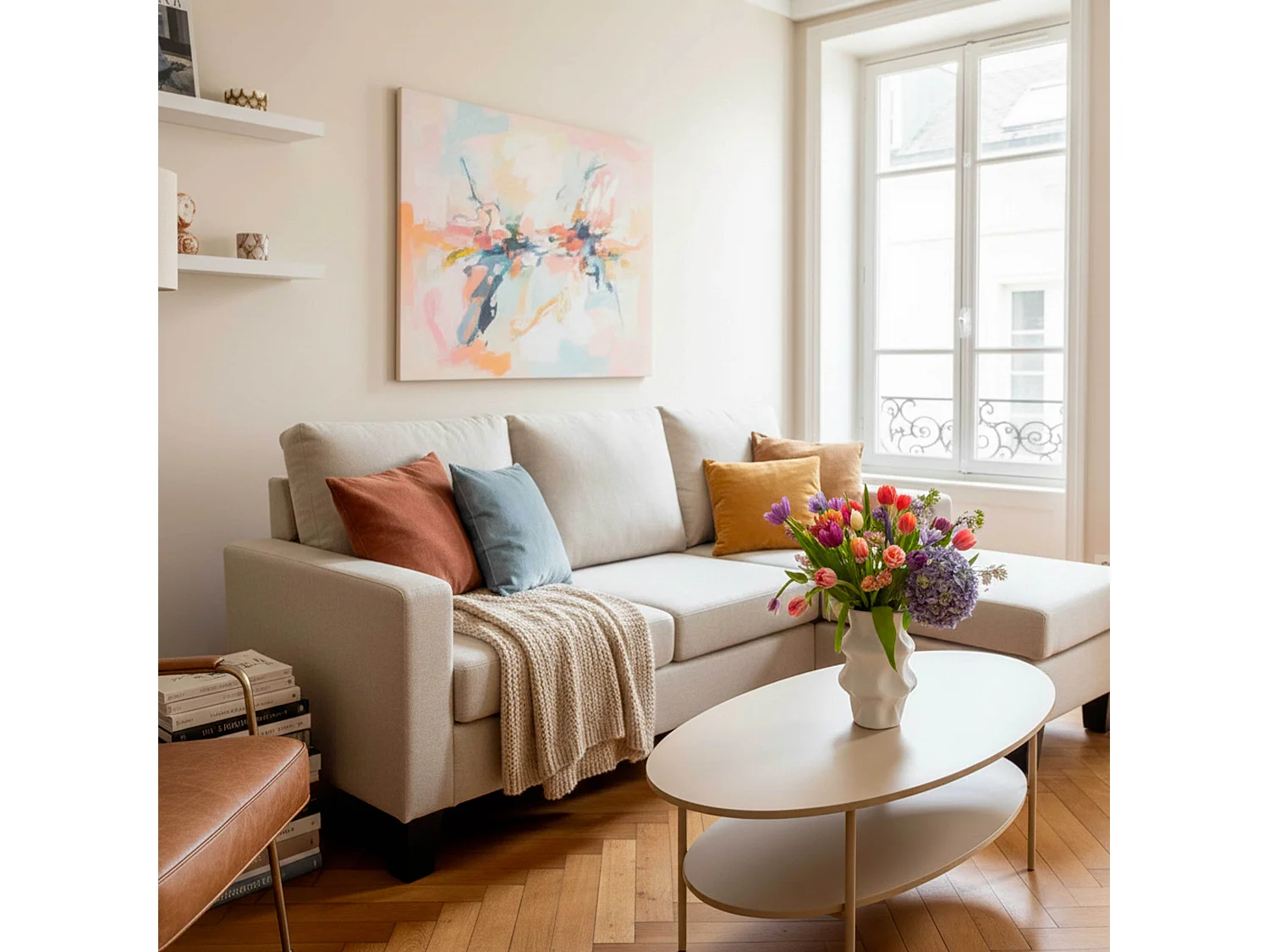 Canapé d'angle droit en tissu 3 places écru L 192 cm