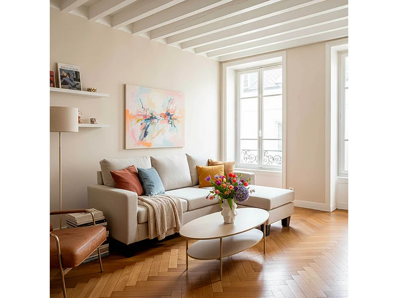 Canapé d'angle droit en tissu 3 places écru L 192 cm