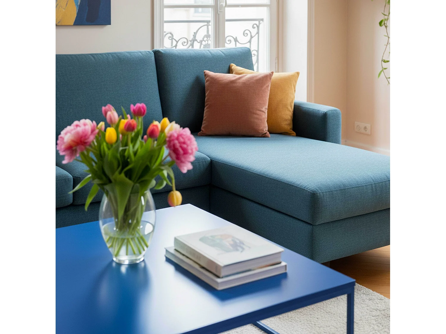 Canapé d'angle droit en tissu 3 places bleu L 192 cm