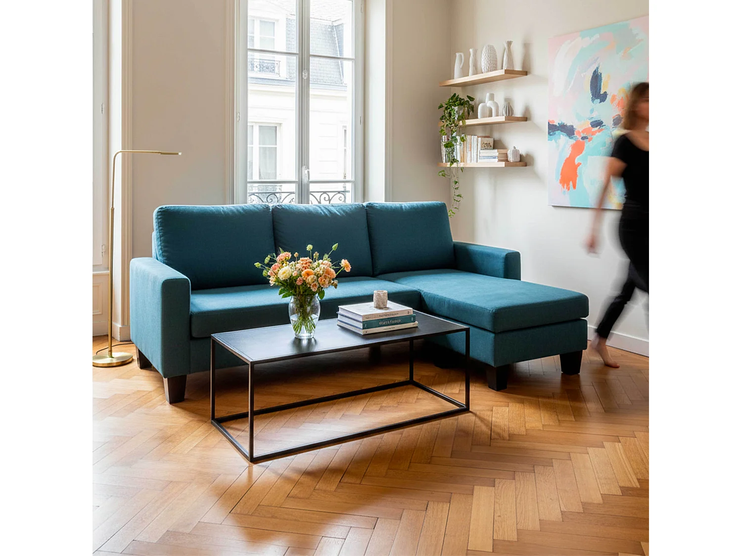 Canapé d'angle droit en tissu 3 places bleu L 192 cm