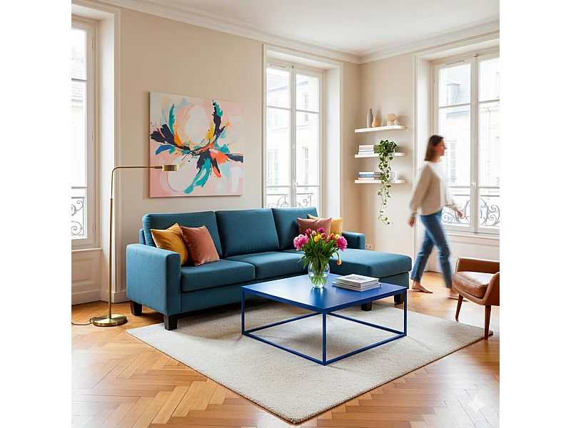 Canapé d'angle droit en tissu 3 places bleu L 192 cm