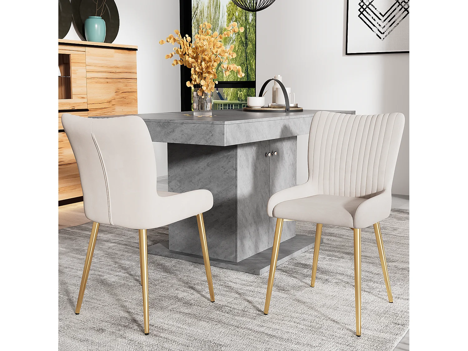 Cadeira de veludo bege com pernas de metal dourado, conforto lombar, sala de estar, quarto, sala de jantar, conjunto de 4