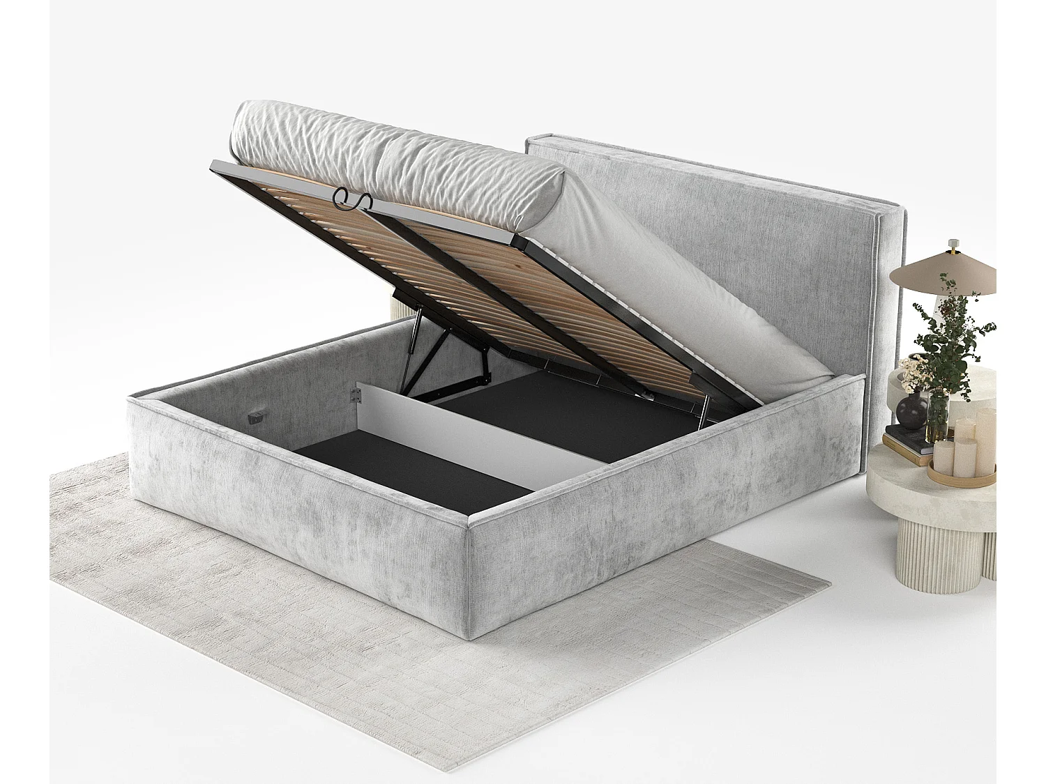 Lit coffre Lounge - 200 x 200 cm - chenille - gris clair