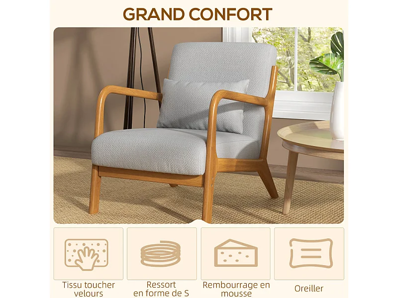 Fauteuil lounge LENA bois d'hévéa et gris