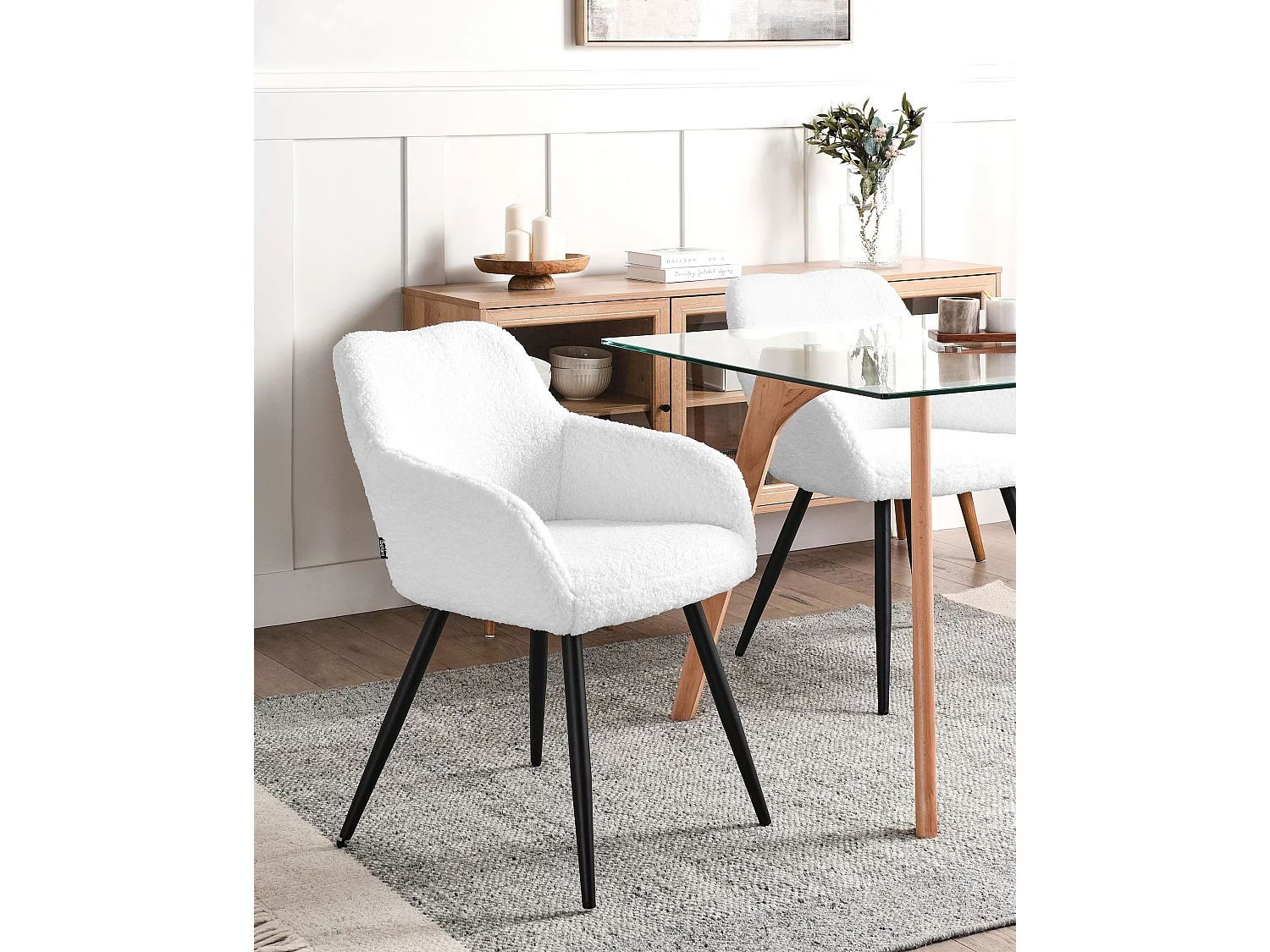 Esszimmerstuhl 2er Set Bouclé weiß mit Metallbeinen schwarz modern Casmalia