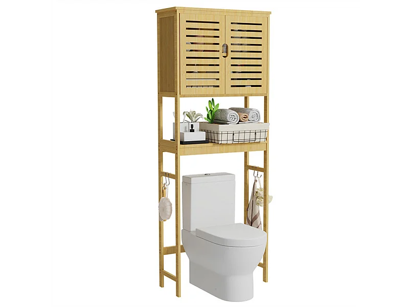 Badezimmerschrank über Toilettensäule mit 2 Türen 3 Regalen Bambus-Toilettenschrank 65x27x174cm