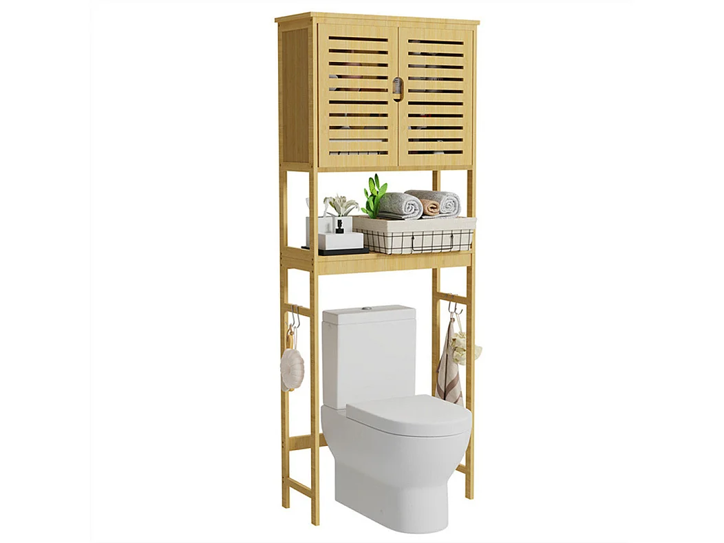 Meuble dessus toilettes wc colonne salle de bain avec 2 portes 3 étagères armoire de toilettes wc en bambou 65x27x174cm