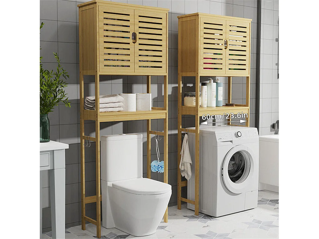 Meuble dessus toilettes wc colonne salle de bain avec 2 portes 3 étagères armoire de toilettes wc en bambou 65x27x174cm