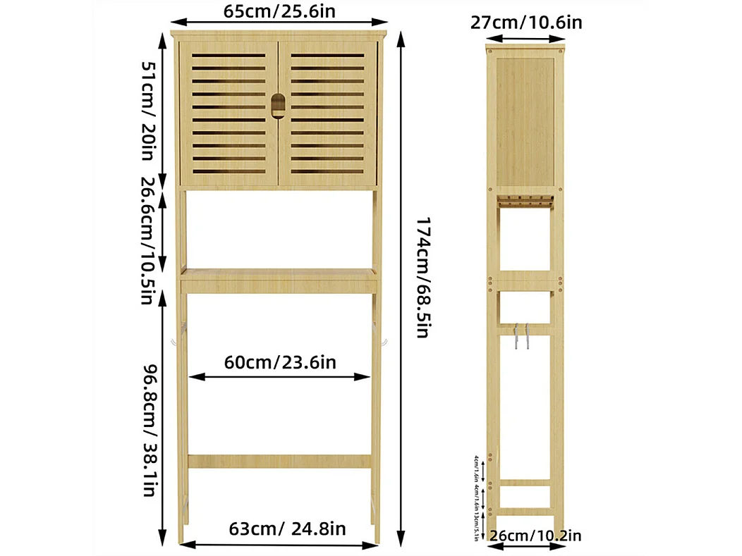 Meuble dessus toilettes wc colonne salle de bain avec 2 portes 3 étagères armoire de toilettes wc en bambou 65x27x174cm