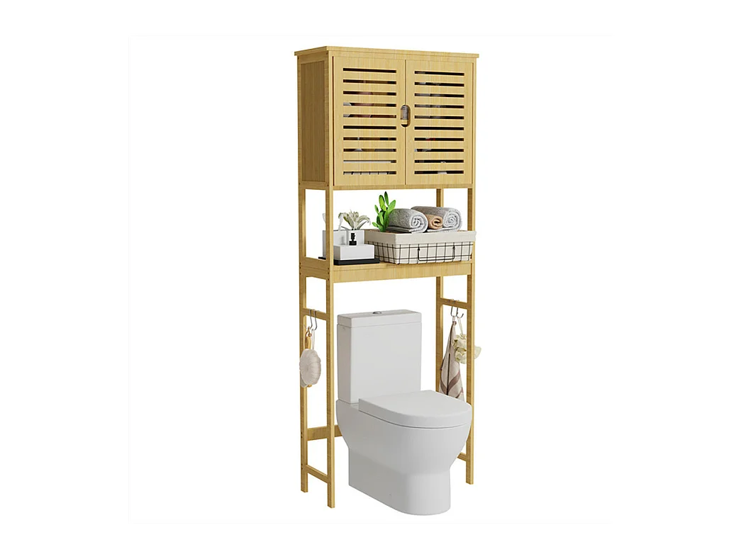 Badezimmerschrank über Toilettensäule mit 2 Türen 3 Regalen Bambus-Toilettenschrank 65x27x174cm