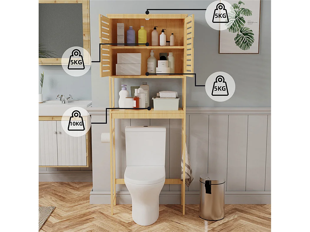 Meuble dessus toilettes wc colonne salle de bain avec 2 portes 3 étagères armoire de toilettes wc en bambou 65x27x174cm