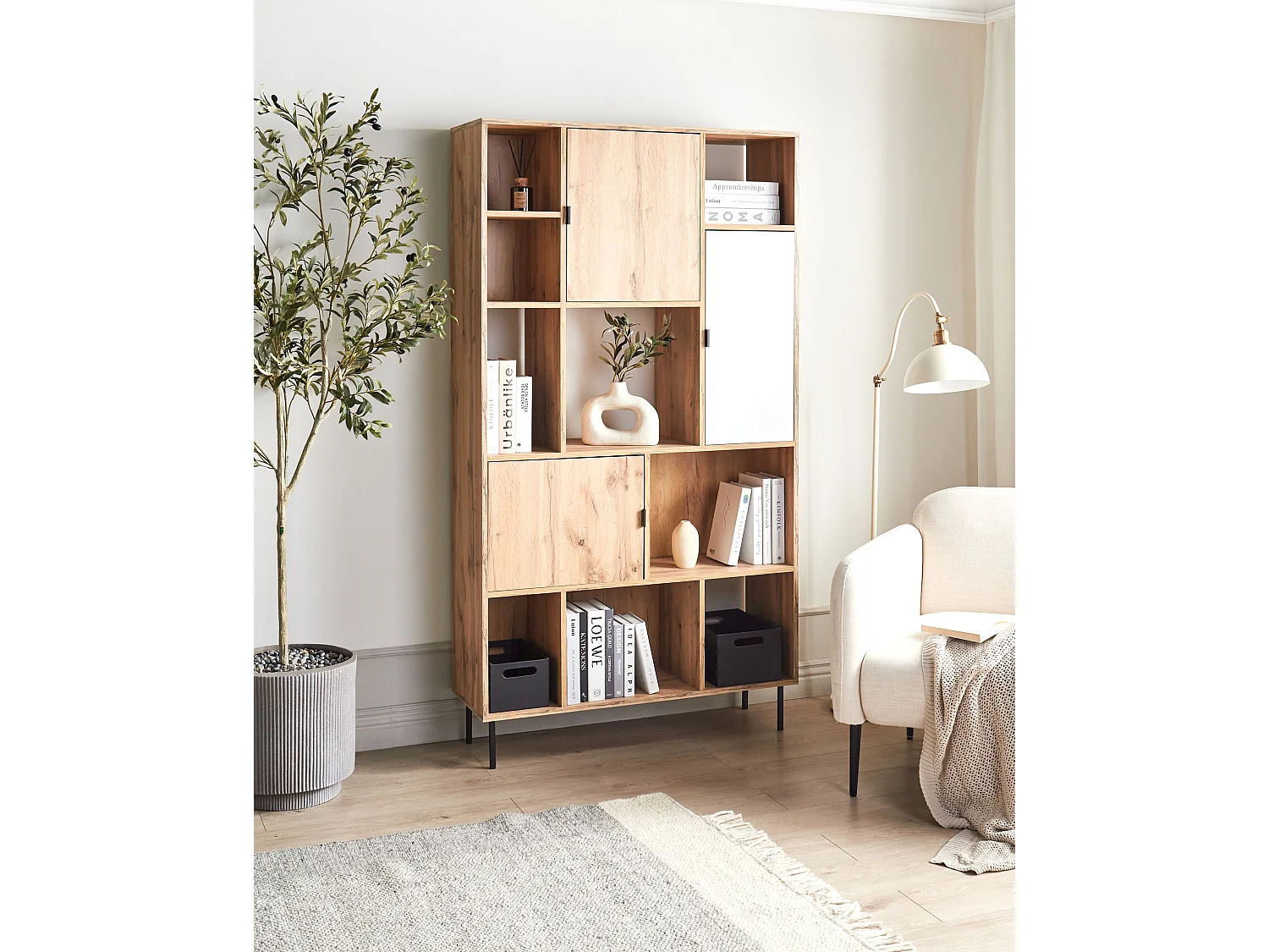 Bücherregal heller Holzfarbton mit 11 Regalböden 3 Türen Amos